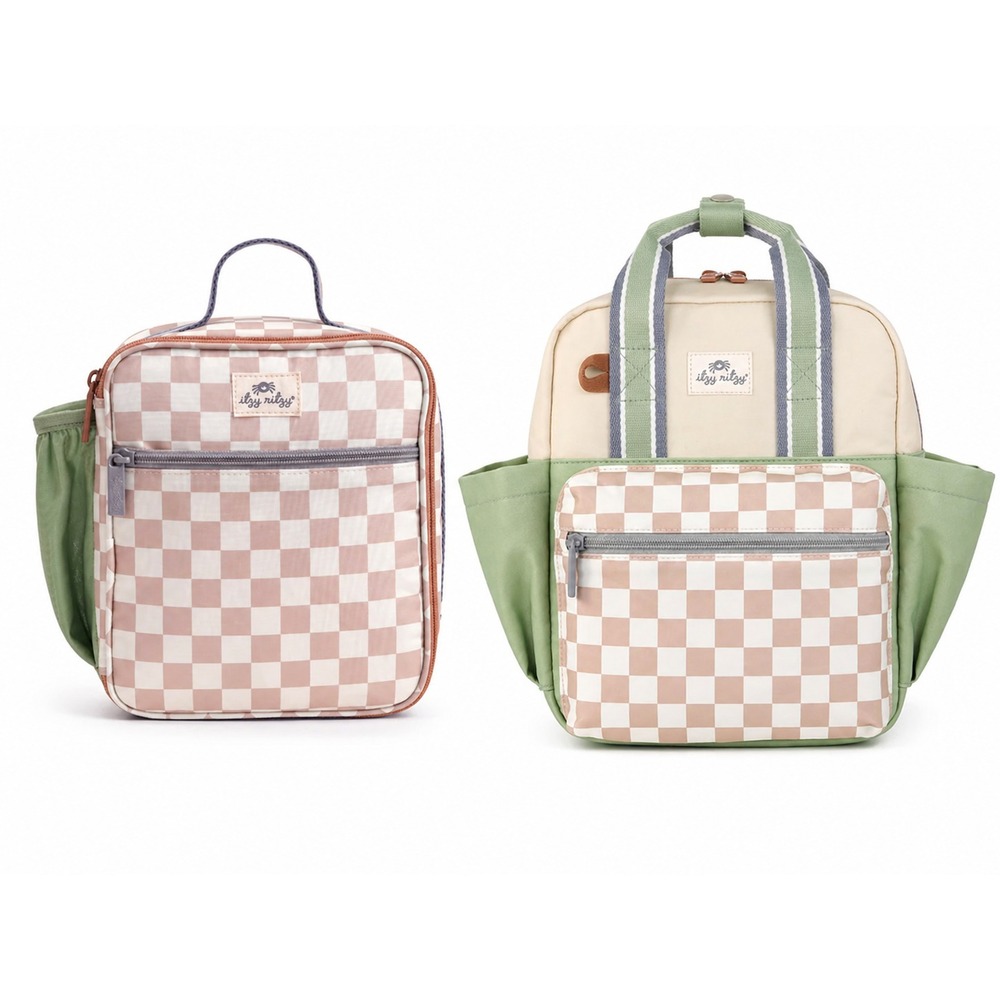 Itzy Ritzy Toddler Checkered Backpack, Lunch Box Bundle Daycare Jr Size